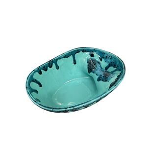 MCM Teal Blue Black Drip Glaze Pottery Bowl Internal Handle Backstamp Decor